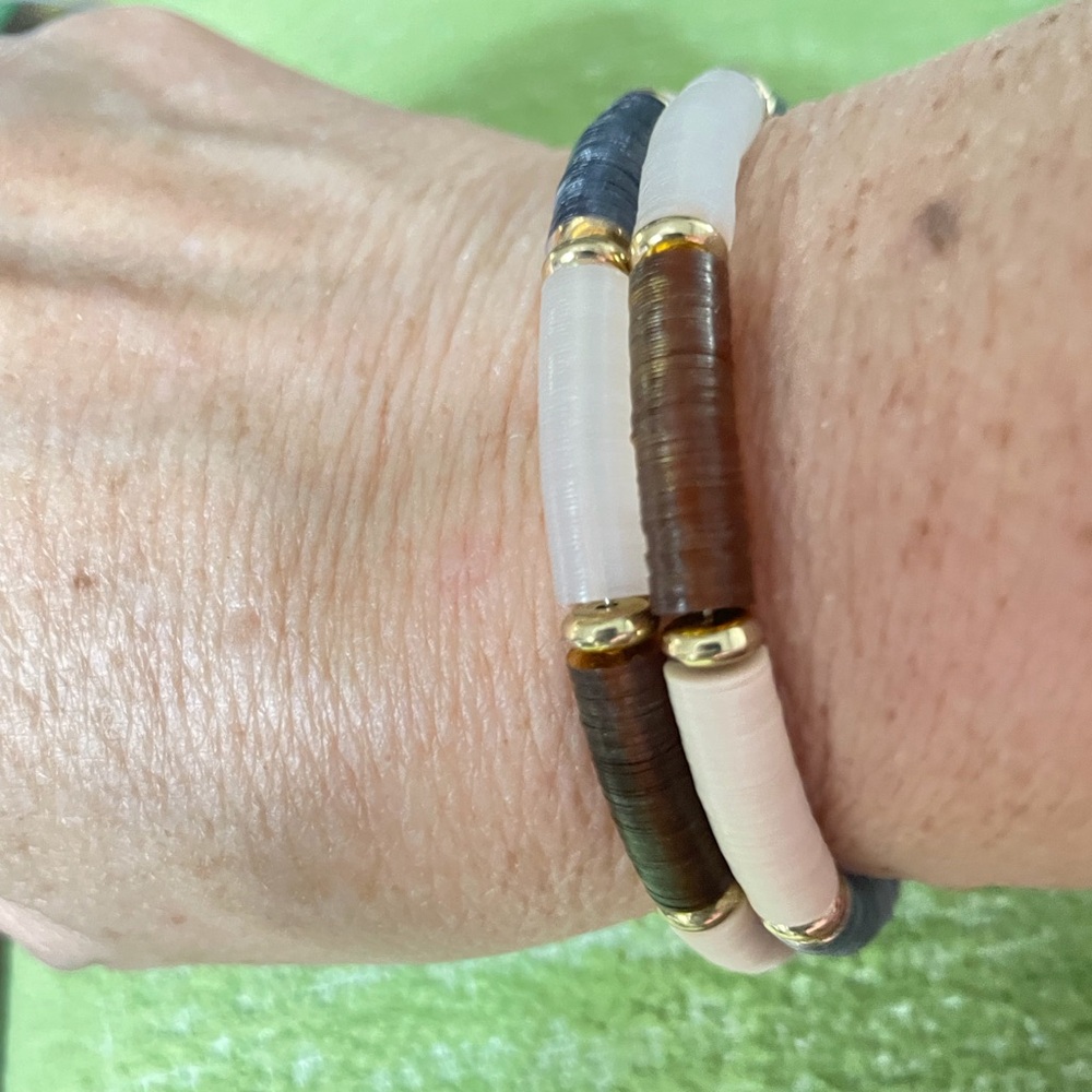 Beaded Stretch Bracelet Set - Neutral , Brown & Navy